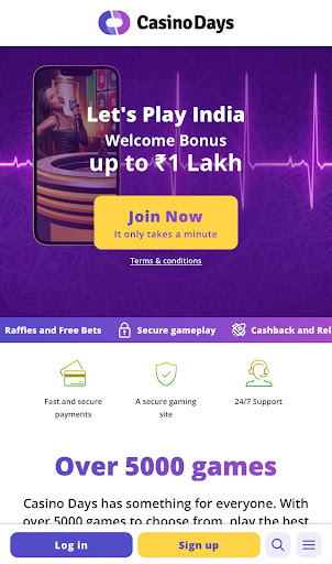 Casino Days app homepage interface on the hero section