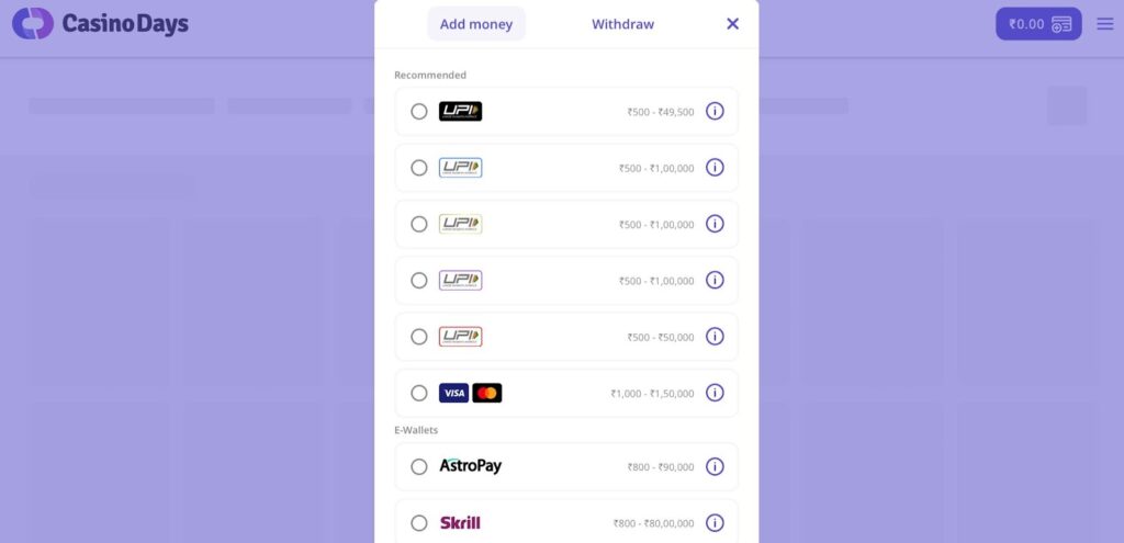 Casino Days Bonus payment methods