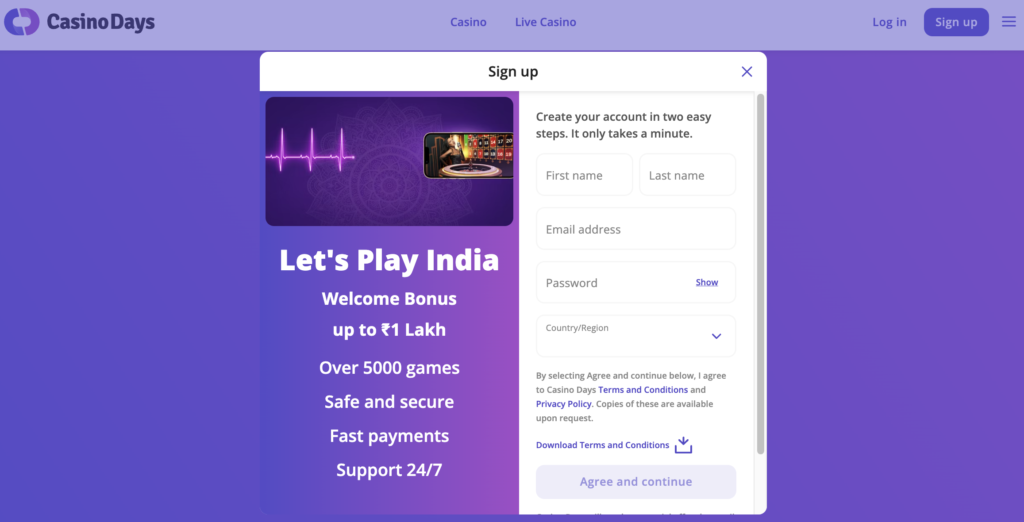 Online registration form at the Casino Days casino in India