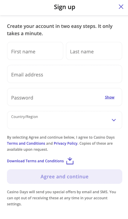 Casino Days signup form on mobile devices