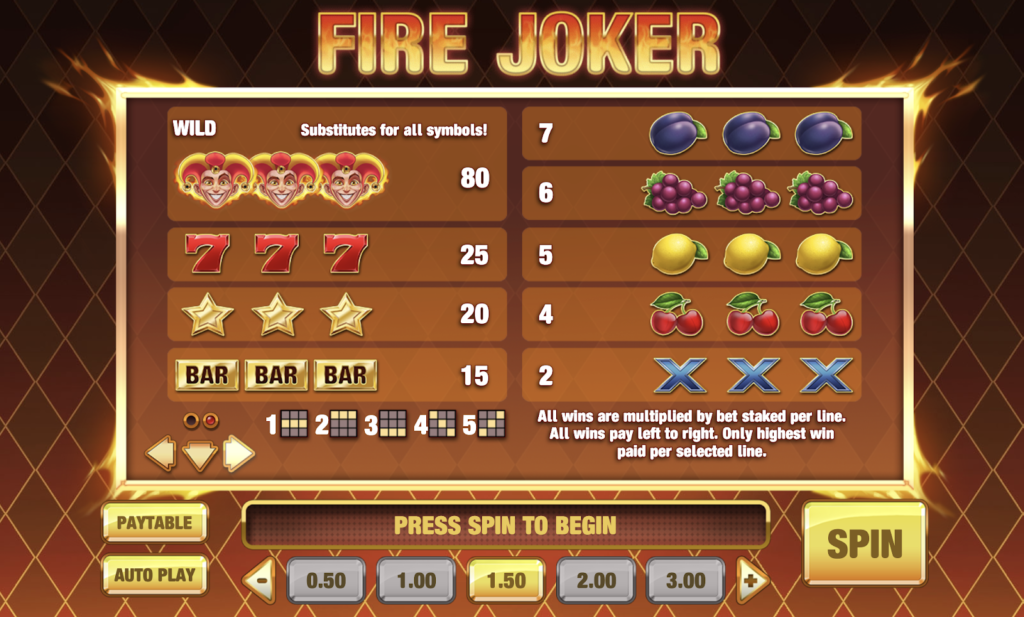 The paylines of the Fire Joker online slot at Casino Days